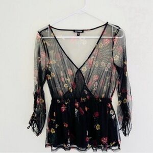 Express Black Floral Sheer Lace Peplum Blouse Small